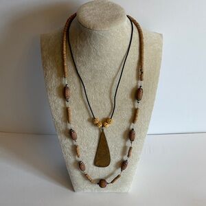 Boho Wood Bead & Copper Pendant Necklace Set Layered Natural Statement